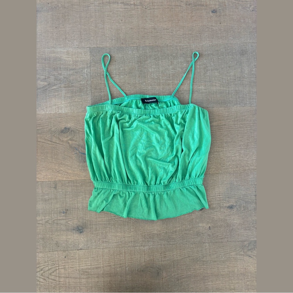 reformation liliana green ruffle peplum tank top
